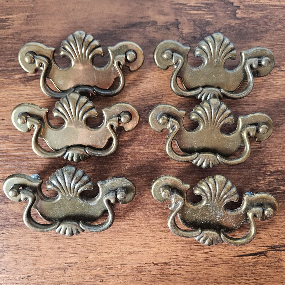 Set of 6 Vintage Antiqued Brass Batwing Chippendale Drawer Pulls Furniture Pull